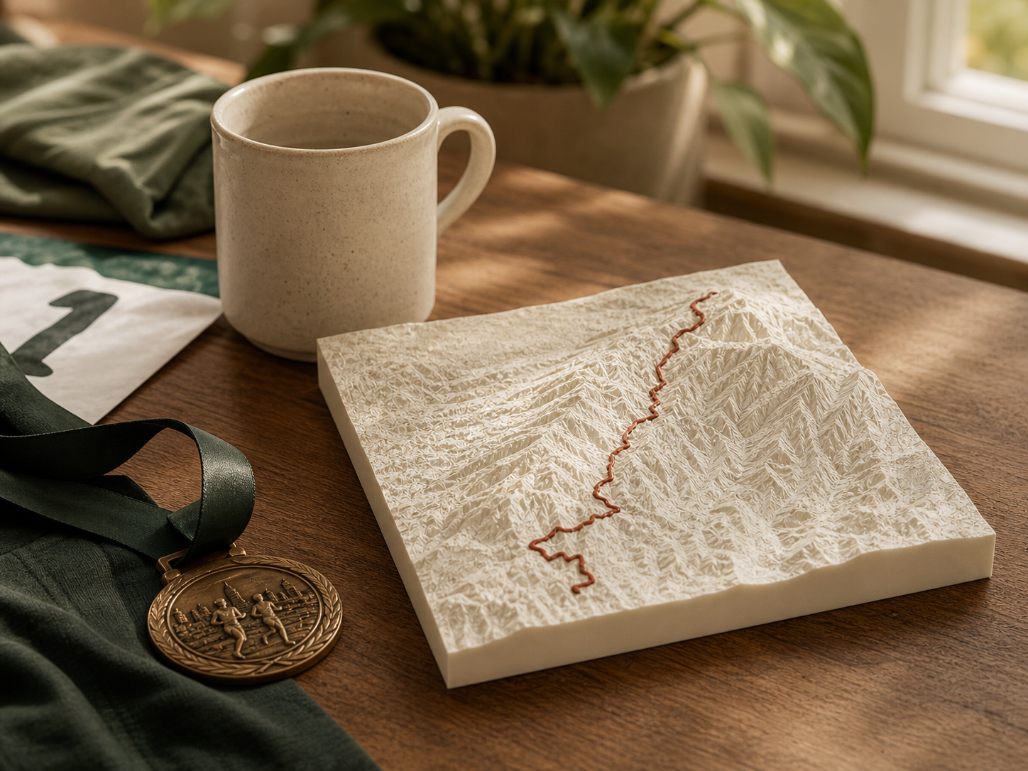 A TerrainSculpt terrain print beside a running medal