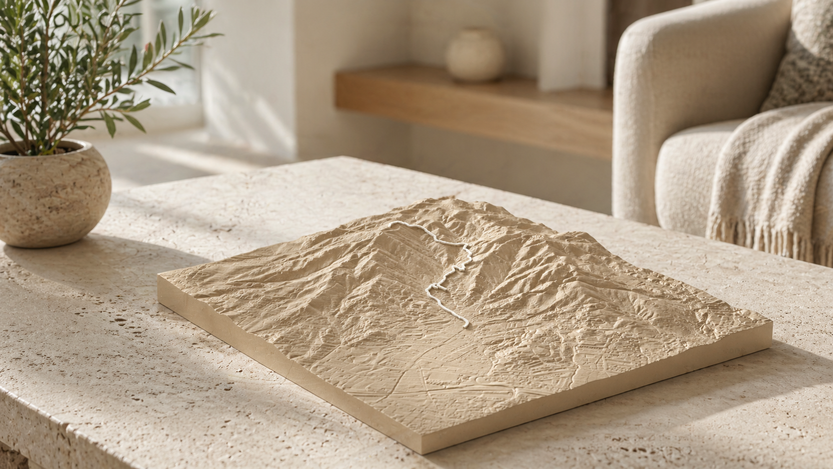 A TerrainSculpt 3D terrain map displayed on a stone table